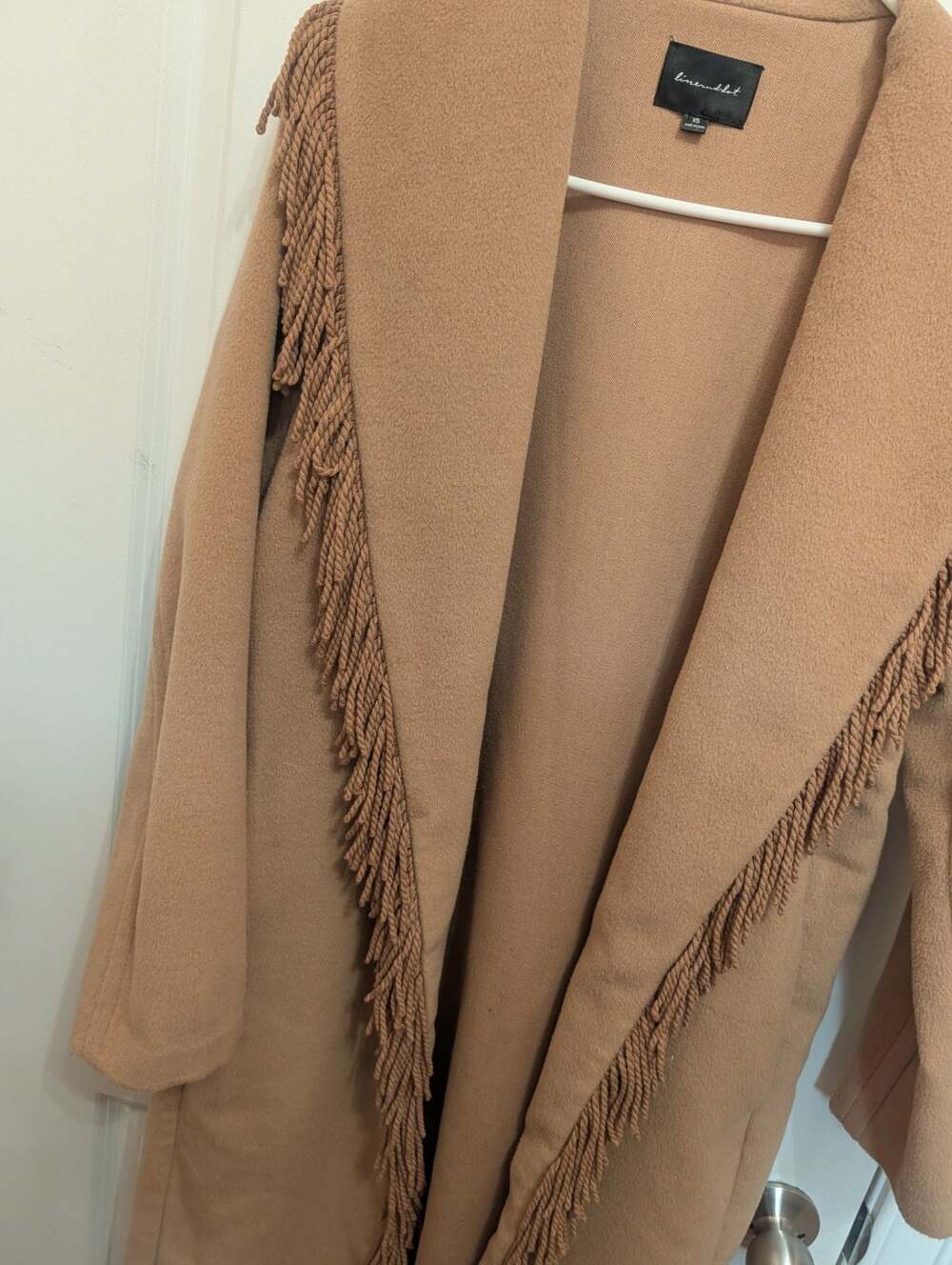 Line & Dot Camel Fringe Shawl Collar Coat, Size XS - Picture 7 of 8